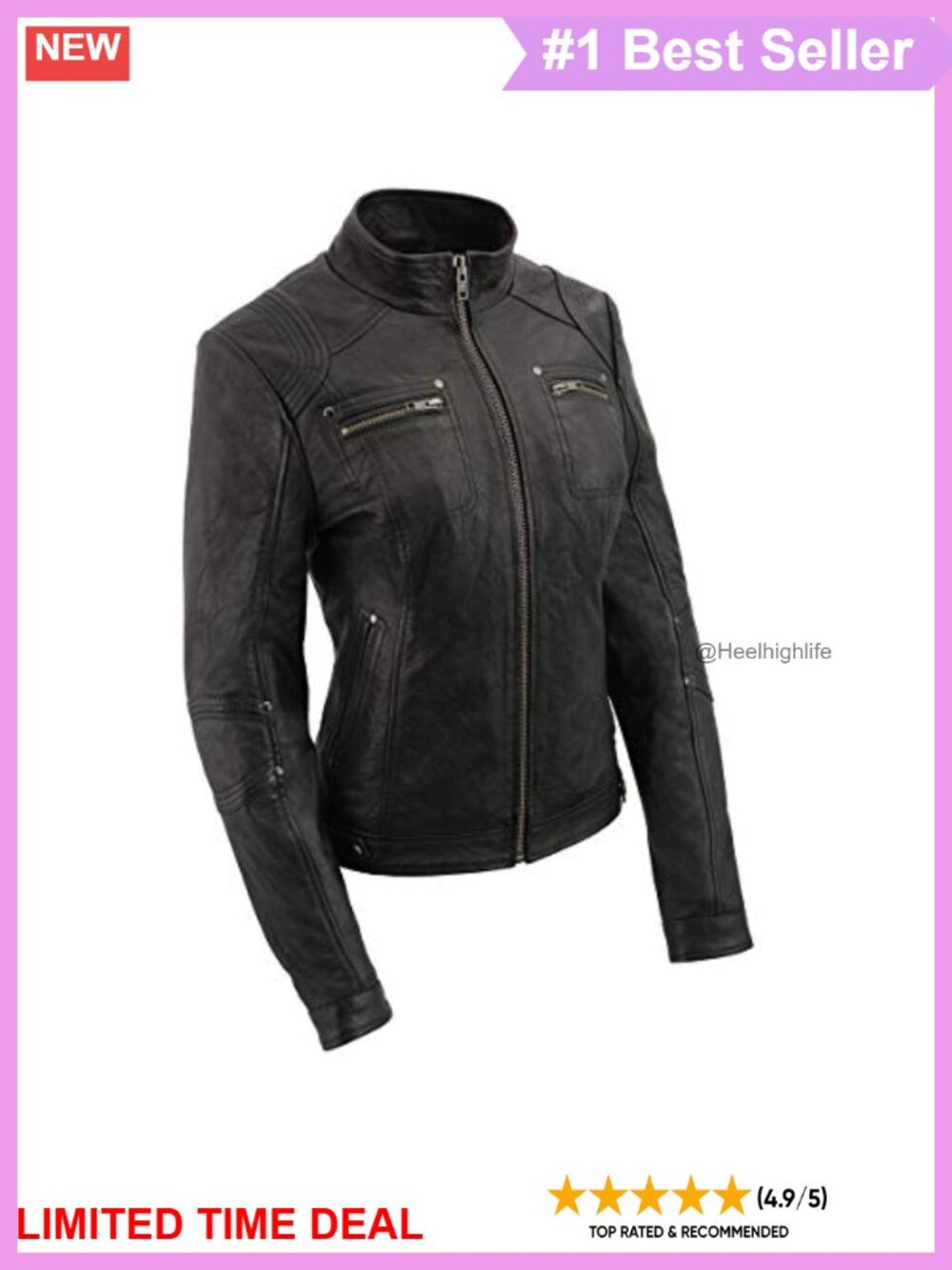 Premium Sheepskin Leather Racer Moto Jacket Stand Up Collar Snap Cuffs